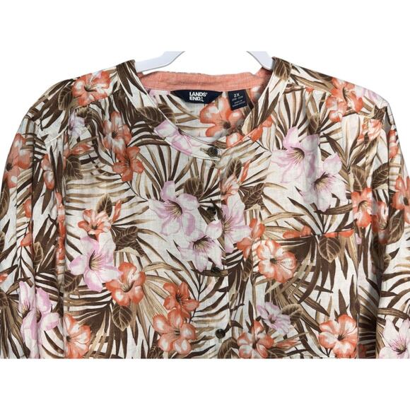 Lands End Womens Plus Size 2X White Tropic Palm Linen A Line Tunic Top Blouse - Picture 3 of 11